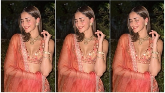 Ananya Panday arrived at Ayushmann's Diwali bash with Karan Johar and Manish Malhotra. The star posed with the filmmaker and the designer for the paparazzi, and later, she shared several pictures on Instagram with the caption, "Let Diwali season begin." Her ensemble is from Gopi Vaid Designs. Keep scrolling to find out where you can get the exact look.(Instagram/@ananyapanday)
