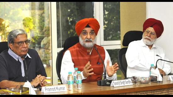 From left: IDC director Pramod Kumar, Indian Ambassador to the United States Taranjit Singh Sandhu, and former vice-chancellor of Punjabi University, Patiala, BS Ghuman during interactive session on Monday. (Keshav Singh/HT)
