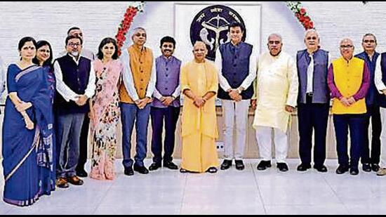 Uttar Pradesh chief minister Yogi Adityanath with Indian ambassadors to 15 countries, in Lucknow on Monday. (SOURCED IMAGE)
