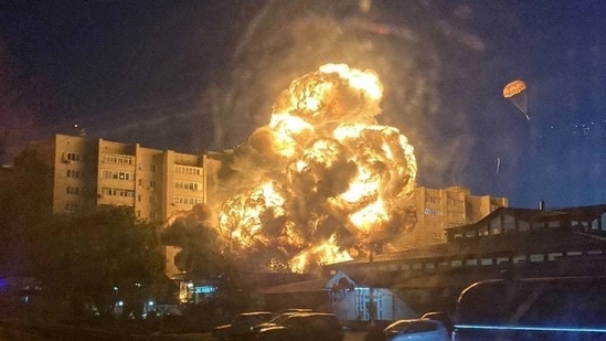 A Su-34 bomber came down after one of its engines caught fire during takeoff, the Russian Defense Ministry said.