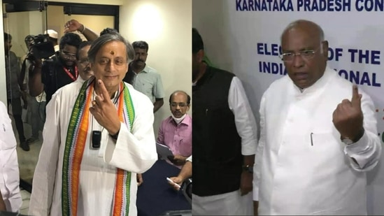 Congress presidential candidates Shashi Tharoor (L) and Mallikarjun Kharge (R) cast their votes in Kerala and Karnataka, respectively.