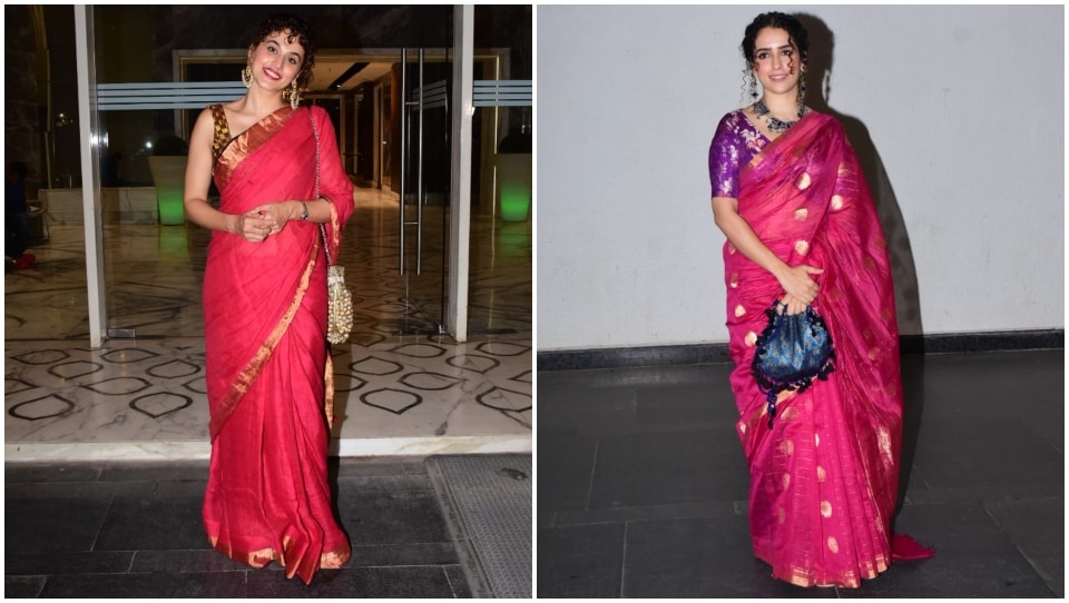 Taapsee Pannu and Sanya Malhotra at Ayushmann Khurrana Diwali bash.&nbsp;(HT Photo/Varinder Chawla)