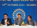 Sourav Ganguly, Secretary Jay Shah, Vice President Rajeev Shukla and other office bearers during the 91st Annual General Meeting, in Mumbai