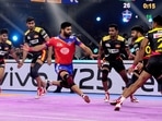 Pardeep Narwal in action for UP Yoddhas.(PKL) Pardeep Narwal in action for UP Yoddhas.(PKL)