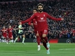 &nbsp;Liverpool's Mohamed Salah celebrates scoring their first goal with Fabio Carvalho&nbsp;