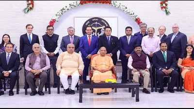 Chief minister Yogi Adityanath with the delegation of US India Strategic Partnership Forum at his official residence. (HT)