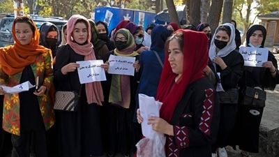 Afghan women protested on Tuesday after authorities expelled students from the dormitories allegedly for breaking rules. (AFP) Afghan women protested on Tuesday after authorities expelled students from the dormitories allegedly for breaking rules. (AFP)