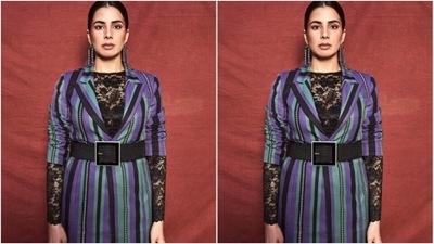 Styled by fashion stylist house Who Wore What When, Kirti wore her tresses into a clean ponytail with a middle part and decked up in pink eyeshadow, black eyeliner, black kohl, mascara-laden eyelashes, contoured cheeks and a shade of nude lipstick. (Instagram/@iamkirtikulhari) Styled by fashion stylist house Who Wore What When, Kirti wore her tresses into a clean ponytail with a middle part and decked up in pink eyeshadow, black eyeliner, black kohl, mascara-laden eyelashes, contoured cheeks and a shade of nude lipstick. (Instagram/@iamkirtikulhari)