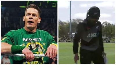 Here's how John Cena reacted after the New Zealand cricketer made a noteworthy entrance (WWE / SparkNZSport Instagram) Here's how John Cena reacted after the New Zealand cricketer made a noteworthy entrance (WWE / SparkNZSport Instagram)