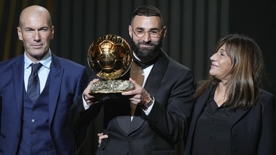 Real Madrid's Karim Benzema celebrates after winning the 2022 Ballon d'Or trophy&nbsp; (AP)
