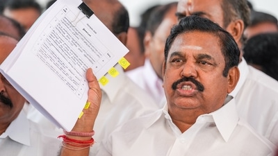 Leader of Opposition in Tamil Nadu Assembly Edappadi K Palaniswami talks to the media after walking out of the assembly along with party MLAs, at Fort St George in Chennai, Tuesday, Oct. 18, 2022. (PTI) Leader of Opposition in Tamil Nadu Assembly Edappadi K Palaniswami talks to the media after walking out of the assembly along with party MLAs, at Fort St George in Chennai, Tuesday, Oct. 18, 2022. (PTI)