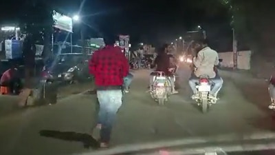 A man in Odisha's Cuttack seen in a viral video being dragged around city for not paying dues on time. (Twitter) A man in Odisha's Cuttack seen in a viral video being dragged around city for not paying dues on time. (Twitter)
