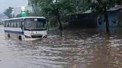 Waterlogged road at Chakan. (HT PHOTO) Waterlogged road at Chakan. (HT PHOTO)
