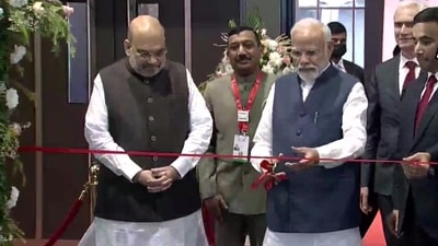 Prime Minister Narendra Modi and home minister Amit Shah at the 90th Interpol General Assembly in New Delhi.&nbsp; (ANI)