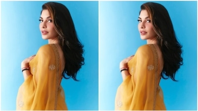 Coming to Jacqueline's look, the star wore the chiffon saree in traditional draping style by letting the pallu fall from her shoulder elegantly. The six yards features a sheer silhouette, embellished gold gota patti borders, applique and sequin work, and intricate floral patterns. (Instagram) Coming to Jacqueline's look, the star wore the chiffon saree in traditional draping style by letting the pallu fall from her shoulder elegantly. The six yards features a sheer silhouette, embellished gold gota patti borders, applique and sequin work, and intricate floral patterns. (Instagram)