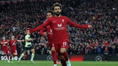 &nbsp;Liverpool's Mohamed Salah celebrates scoring their first goal with Fabio Carvalho&nbsp; (REUTERS)