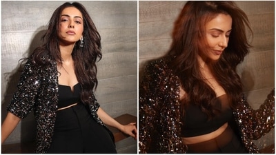 Rakul Preet Singh serves glam poses in all-black outfit with shimmery jacket.&nbsp; (Instagram)