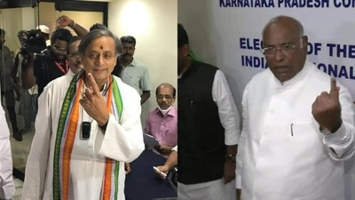 Congress presidential candidates Shashi Tharoor (L) and Mallikarjun Kharge (R) cast their votes in Kerala and Karnataka, respectively.