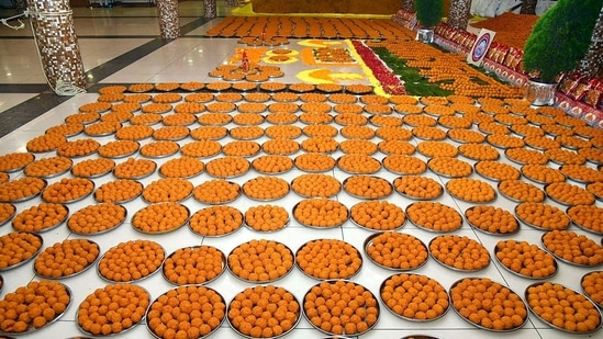 Laddoos prepared by The Poona Merchants Chamber for sale ahead of the Diwali festival, in Pune.(ANI)