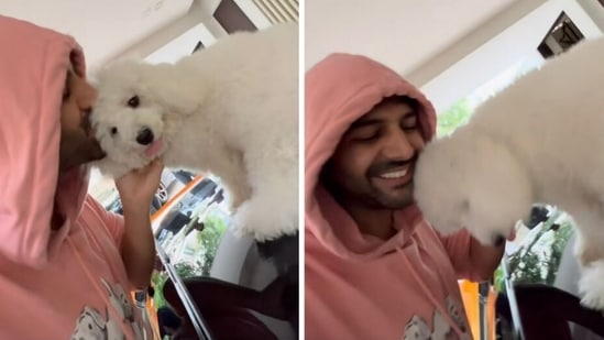 Kartik Aaryan kisses pup Katori Aaryan.&nbsp;