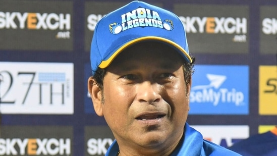 India Legends player Sachin Tendulkar receives the Man of the Match award, during the presentation ceremony of the Road Safety World Series&nbsp;(PTI)