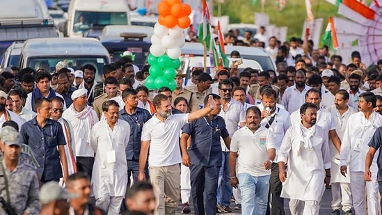 Kurnool: Congress leader Rahul Gandhi with party leaders during the Bharat Jodo Yatra, in Kurnool district of Andhra Pradesh, Tuesday. (PTI Photo)(PTI)