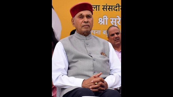 Former chief minister of Himachal Pradesh Prem Kumar Dhumal was elected to the state assembly in 1998 from the Bamsan assembly segment. (HT Photo)