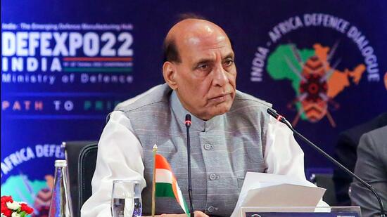Defence minister Rajnath Singh speaks at the India-Africa Defence Dialogue, in Gandhinagar on Tuesday. (PTI)