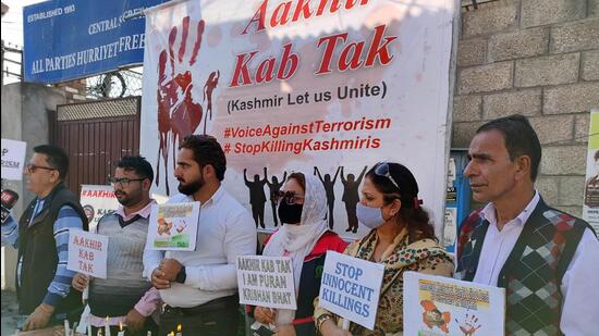 A protest against targeted killing in Srinagar on Monday. (ANI)