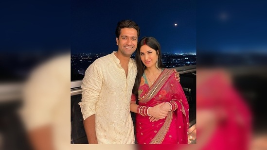 Katrina Kaif and Vicky Kaushal were all smiles for the camera as she posed with the moon in the backdrop. (Instagram/@katrinakaif)