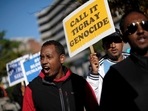 Demonstrators protest Ethiopia's delegation to the Annual Meetings of the International Monetary Fund and World Bank in Washington, U.S., October 15, 2022. (File image)