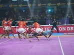 UP Yoddhas and Gujarat Giants players in action(PKL) UP Yoddhas and Gujarat Giants players in action(PKL)