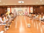 Prime Minister Narendra Modi and BJP chief JP Nadda at the party's central election committee meeting.