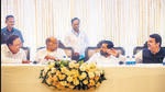 Mumbai, India - October 19, 2022: CM Eknath Shinde, Dy. CM Devendra Fadnavis, NCP chief Sharad Pawar and BJP leader Ashish Shelar during a gathering on the eve of the Mumbai Cricket Association (MCA) polls at Wankhede Stadium, in Mumbai, India, on Wednesday, October 19, 2022. (Photo by Satish Bate/ Hindustan Times) (Satish Bate/HT PHOTO) Mumbai, India - October 19, 2022: CM Eknath Shinde, Dy. CM Devendra Fadnavis, NCP chief Sharad Pawar and BJP leader Ashish Shelar during a gathering on the eve of the Mumbai Cricket Association (MCA) polls at Wankhede Stadium, in Mumbai, India, on Wednesday, October 19, 2022. (Photo by Satish Bate/ Hindustan Times) (Satish Bate/HT PHOTO)