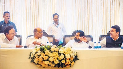 Mumbai, India - October 19, 2022: CM Eknath Shinde, Dy. CM Devendra Fadnavis, NCP chief Sharad Pawar and BJP leader Ashish Shelar during a gathering on the eve of the Mumbai Cricket Association (MCA) polls at Wankhede Stadium, in Mumbai, India, on Wednesday, October 19, 2022. (Photo by Satish Bate/ Hindustan Times) (Satish Bate/HT PHOTO) Mumbai, India - October 19, 2022: CM Eknath Shinde, Dy. CM Devendra Fadnavis, NCP chief Sharad Pawar and BJP leader Ashish Shelar during a gathering on the eve of the Mumbai Cricket Association (MCA) polls at Wankhede Stadium, in Mumbai, India, on Wednesday, October 19, 2022. (Photo by Satish Bate/ Hindustan Times) (Satish Bate/HT PHOTO)