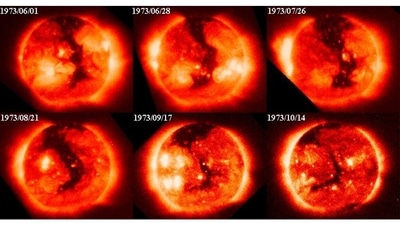 Outside view: This is among the first images of the Sun taken from outside Earth’s atmosphere. It was taken from NASA’s Skylab, the US’s first space station, which was part of the Apollo programme. Skylab stayed in orbit for nine months, and it took the first X-ray images of the star. Since those first snapshots, images have been teaching us about the temperamental lord of the solar system. These images revealed, for instance, the presence of coronal holes, large, irregular regions that are cooler than their surroundings and often appear during the declining phases of the 11-year solar cycle. (Image Courtesy: National Aeronautics and Space Administration (NASA) / Marshall Solar Physics) Outside view: This is among the first images of the Sun taken from outside Earth’s atmosphere. It was taken from NASA’s Skylab, the US’s first space station, which was part of the Apollo programme. Skylab stayed in orbit for nine months, and it took the first X-ray images of the star. Since those first snapshots, images have been teaching us about the temperamental lord of the solar system. These images revealed, for instance, the presence of coronal holes, large, irregular regions that are cooler than their surroundings and often appear during the declining phases of the 11-year solar cycle. (Image Courtesy: National Aeronautics and Space Administration (NASA) / Marshall Solar Physics)
