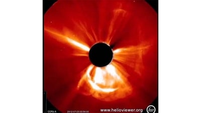 A hit and a miss: In July 2012, Earth could have been hit by a large geomagnetic storm that would have taken down communication systems and electric grids and lit up our skies with auroras. But the giant coronal mass ejection (CME) occurred on the far side of the Sun, leaving Earth in the clear. Some of the radiation did graze Earth, causing auroras to light up the sky at the Poles. If the CME had occurred just a week earlier (the Sun rotates on its own axis every 27 days), Earth would have been in its direct path. This image shows the eruption of the CME, as captured by NASA’s Solar Terrestrial Relations Observatory (STEREO). (Image Courtesy: NASA / STEREO) A hit and a miss: In July 2012, Earth could have been hit by a large geomagnetic storm that would have taken down communication systems and electric grids and lit up our skies with auroras. But the giant coronal mass ejection (CME) occurred on the far side of the Sun, leaving Earth in the clear. Some of the radiation did graze Earth, causing auroras to light up the sky at the Poles. If the CME had occurred just a week earlier (the Sun rotates on its own axis every 27 days), Earth would have been in its direct path. This image shows the eruption of the CME, as captured by NASA’s Solar Terrestrial Relations Observatory (STEREO). (Image Courtesy: NASA / STEREO)