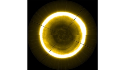 Pole vault: The most enigmatic and unexplored parts of the Sun are its poles. Until a few years ago, these were completely uncharted territory. The only satellite mission to fly past the solar poles – the Ulysses, launched in the mid-1990s by NASA and the European Space Agency (ESA) – didn’t have any imaging instruments on board. Most modern missions hover at the star’s equator. So scientists have had to get creative in estimating what the poles look like. In 2018, ESA used a patchwork of data collected from its Proba-2 mission to stitch together this image of a pole in extreme ultraviolet light. (Image Courtesy: ESA / Royal Observatory of Belgium) Pole vault: The most enigmatic and unexplored parts of the Sun are its poles. Until a few years ago, these were completely uncharted territory. The only satellite mission to fly past the solar poles – the Ulysses, launched in the mid-1990s by NASA and the European Space Agency (ESA) – didn’t have any imaging instruments on board. Most modern missions hover at the star’s equator. So scientists have had to get creative in estimating what the poles look like. In 2018, ESA used a patchwork of data collected from its Proba-2 mission to stitch together this image of a pole in extreme ultraviolet light. (Image Courtesy: ESA / Royal Observatory of Belgium)