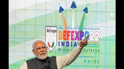 Prime Minister Narendra Modi at the DefExpo 22 in Gandhinagar, Gujarat on Wednesday. (PTI Photo)