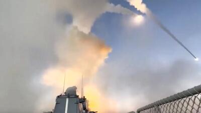 In this handout photo released by Russian Defense Ministry Press Service, a Russian warship launches missiles at a target in Ukraine. (AP) In this handout photo released by Russian Defense Ministry Press Service, a Russian warship launches missiles at a target in Ukraine. (AP)