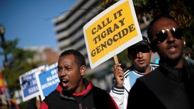 Demonstrators protest Ethiopia's delegation to the Annual Meetings of the International Monetary Fund and World Bank in Washington, U.S., October 15, 2022. (File image) (REUTERS)
