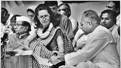 06 April 1998 - Congress President Sonia Gandhi having a discussion with party’s Vice President Jitendra Prasada at the AICC session at Siri Fort Auditorium in New Delhi. 06 April 1998 - Congress President Sonia Gandhi having a discussion with party’s Vice President Jitendra Prasada at the AICC session at Siri Fort Auditorium in New Delhi.