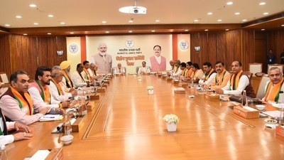 Prime Minister Narendra Modi and BJP chief JP Nadda at the party's central election committee meeting. Prime Minister Narendra Modi and BJP chief JP Nadda at the party's central election committee meeting.