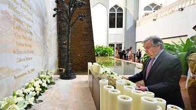 United Nations Secretary-General Antonio Guterres participated in a simple ceremony at Taj Palace Hotel in Mumbai – one of the main targets in the 26/11 attacks and met a survivor of the carnage. (UN Photo) United Nations Secretary-General Antonio Guterres participated in a simple ceremony at Taj Palace Hotel in Mumbai – one of the main targets in the 26/11 attacks and met a survivor of the carnage. (UN Photo)