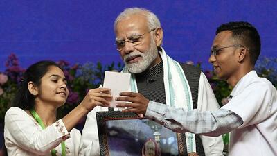 Prime Minister Narendra Modi at the launch of Mission Schools of Excellence at Trimandir in Adalaj on Wednesday. (ANI) Prime Minister Narendra Modi at the launch of Mission Schools of Excellence at Trimandir in Adalaj on Wednesday. (ANI)