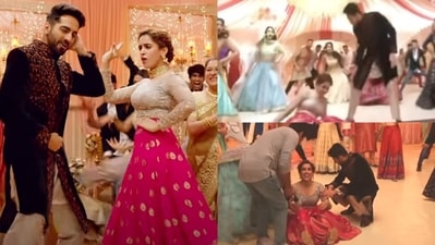 Sanya Malhotra fell down on while dancing to Morni Banke with Ayushmann Khurrana. Sanya Malhotra fell down on while dancing to Morni Banke with Ayushmann Khurrana.