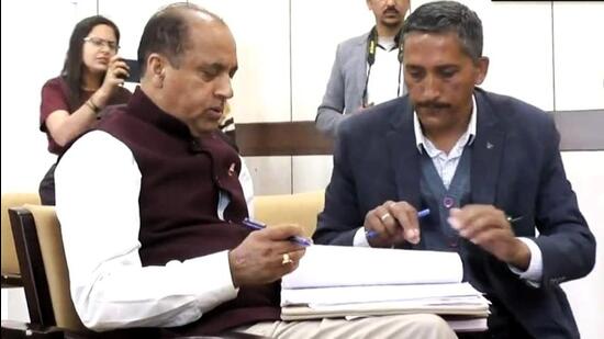 Himachal CM Jai Ram Thakur files his nomination papers from the Seraj assembly constituency in Mandi district on Wednesday. (HT Photo)