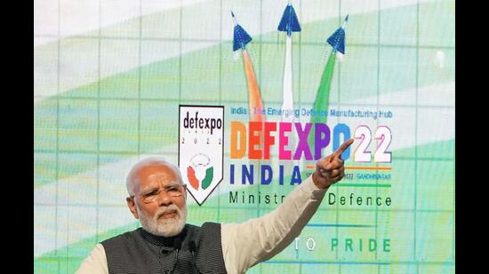Prime Minister Narendra Modi at the DefExpo 22 in Gandhinagar, Gujarat on Wednesday. (PTI Photo)