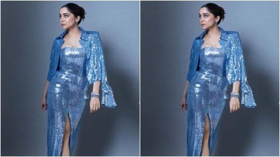 Sharvari picked a sequined ensemble from the shelves of the fashion designer house Asia and looked absolute stunning in it. Sharvari teamed a pastel blue shimmery sequined bodycon gown with off-shoulder details and one thigh high slit, with a paste; blue sequined cropped blazer dramatically placed on her shoulders.(Instagram/@sharvari)
