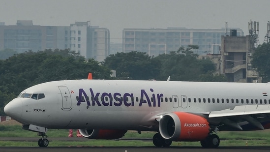 Akasa Air aircraft at Sardar Patel International Airport in Ahmedabad.(AFP)